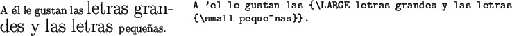 \begin{example}
A él le gustan las {\LARGE letras grandes y las letras
{\small peque~nas}}.
\end{example}