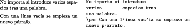 \begin{example}
No importa si introduce
varios espacios tras
una palabra.
\par Con una línea vacía se empieza un
nuevo párrafo.
\end{example}