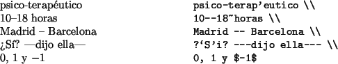 \begin{example}
psico-terapéutico \\
10--18~horas \\
Madrid -- Barcelona \\
?\lq Sí? ---dijo ella--- \\
0, 1 y $-1$\end{example}