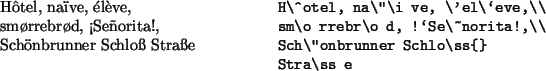 \begin{example}
H\^otel, na\uml \i ve, \él\\lq eve,\\
sm\o rrebr\o d, !\lq Se\~norita!,\\
Sch\uml onbrunner Schlo\ss{}
Stra\ss e
\end{example}