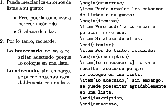 \begin{example}
\begin{enumerate}
\item Puede mezclar los entornos
de listas a s...
...entar agradablemente
en una lista.
\end{description}\end{enumerate}\end{example}